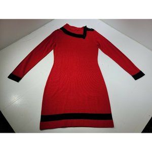 Calvin Klein Red Black Cowl Button Neck Long Sleeve Body Con Dress Womens Size S